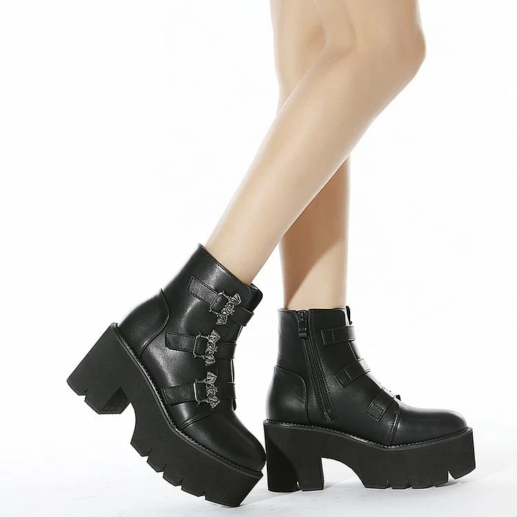 Platform Buckles Zipper Chunky Heels PU Ankle Booties - Image 3