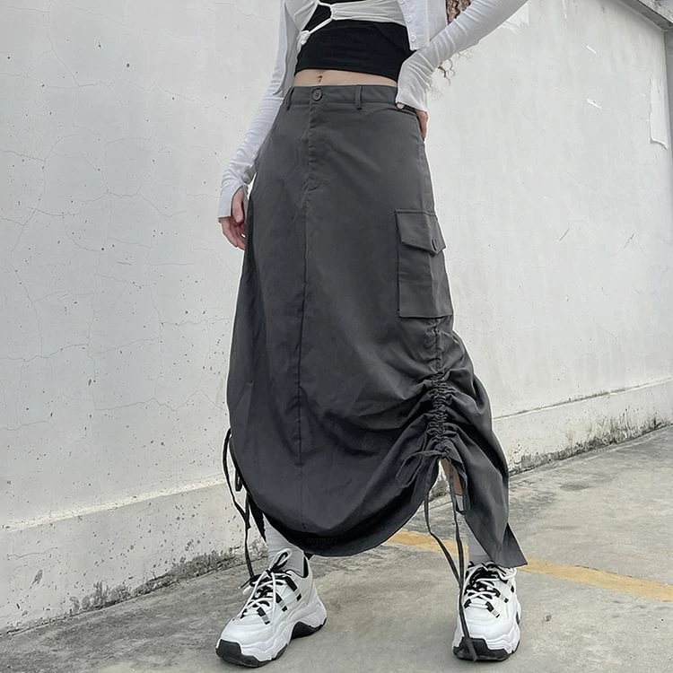 Casual Solid Color Pockets Drawstring Back Split A-line Long Skirt - Image 2