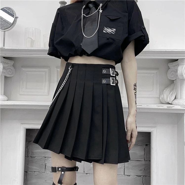 College Style Chain-trimmed Buckle Knots High Rise Asymmetrical Pleated Skirt - Image 2