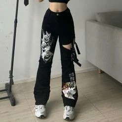 Punk Statement Suspended Printed Buckle Straps Straight Pants