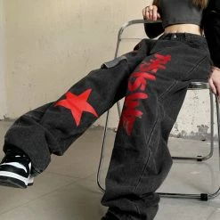 Gothic Dark Statement Color Block Letter&star Printed Ripped Straight Pattern Jeans