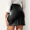 Gothic Dark Solid Color Zipper Pockets High-rise PU Leather A-line Skirt With Belt