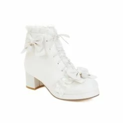 Lolita Lace Paneled Bowknot Lace Up Chunky Heel Boots