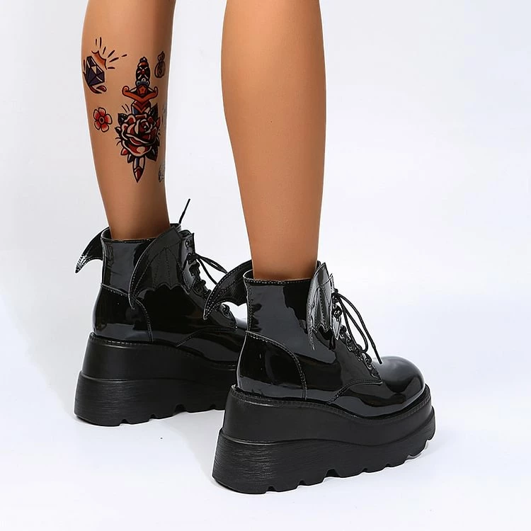 Dark Wings Lace Up Monoblock Wedges Boots - Image 5