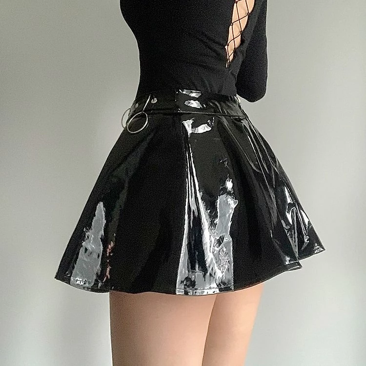 Statement Rings Decoration Skater Patent Leather Skirt