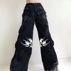 Punk Style Designed Streamers Multi-pockets Printed Loose Pants