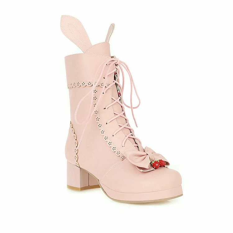 Lolita Girl Bunny Bowknots Lace Up Chunky Heel Martin Boots - Image 4