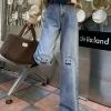 Chic Cute Little Monster Embroidered Casual High Rise Loose Straight Jeans