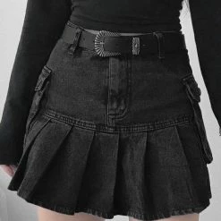 Pleated Side Pockets Denim Jeans Skirts