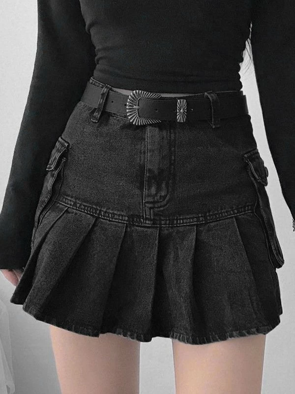 Pleated Side Pockets Denim Jeans Skirts