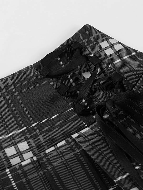 Goth Style Lace Hem Gingham Plaid Pleated Skirts - Image 14