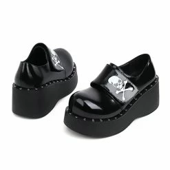 Gothic Dark Round Toe Platform Skull Printed Patent Leather Mary Jeans Pumps With Hook & Loop