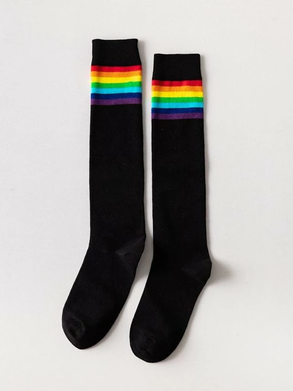 College Style Rainbow Stripes Over The Knee Knitted Stockings