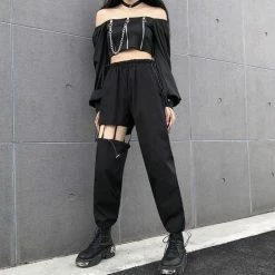 Hip-pop Style Casual Drawstring Suspended Cutout Ankle Banded Pants