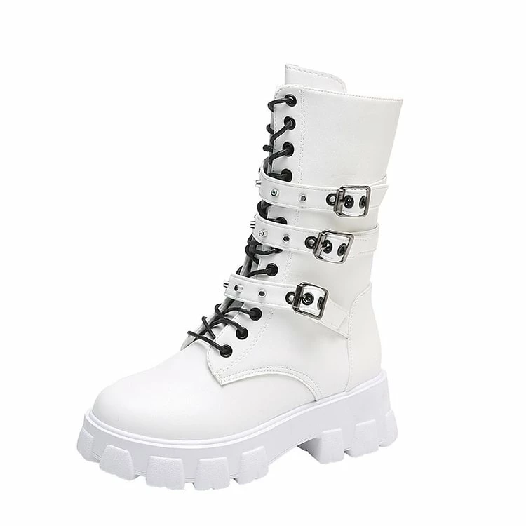 Knight's Style Buckle Straps Zipper Round Toe Boots - Image 2