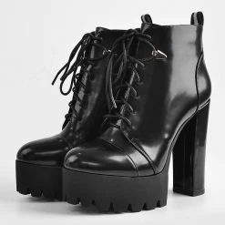 Goth Black Lace Up Chunky Heel PU Ankle Booties