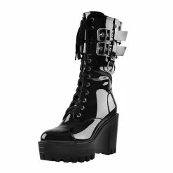 Punk Black Patent Leather Chunky Heel Platform Ankle Boots