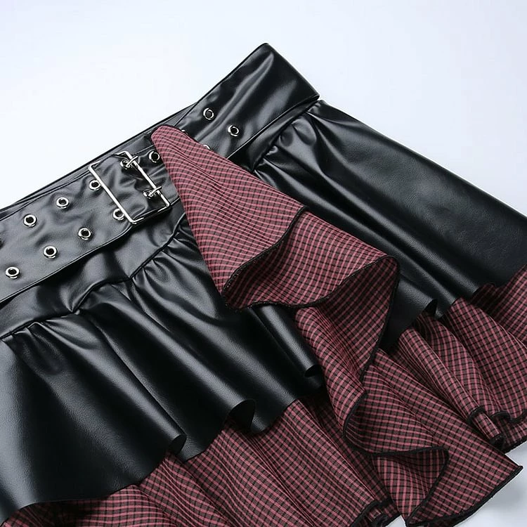 Checkered Lace Up Color Block Asymmetrical Skater Skirt - Image 6