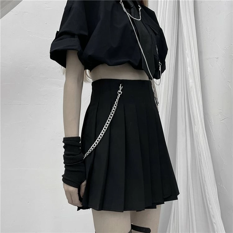 College Style Chain-trimmed Buckle Knots High Rise Asymmetrical Pleated Skirt - Image 3