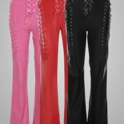 Gothic Dark Statement Street Fashion Cutout Lace Up High Rise Straight Pattern Slim PU Pants