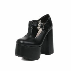 Bat T-strap Round Toe High Chunky Heel Pumps