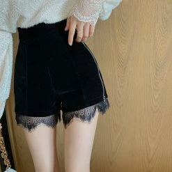 Velvet Zipper Lace Paneled High Rise Shorts