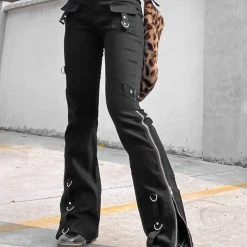 Metal Dark Zipper Pockets-trimmed Buttoned Straight High-rise Pants