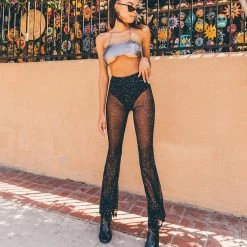 Mesh Paneled See Through Rhinestone High Rise Flare