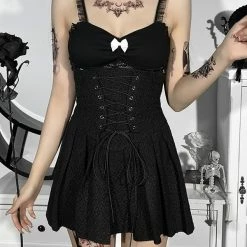 Dark Sexy Girl Vintage Solid Color Lace Up Girdle Pleated A-line Skirt