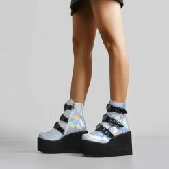 Metal Punk Gothic Strap Sliver Wedge Ankle Booties