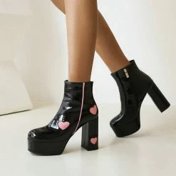 Patent Leather Flared Medium Heels Boots