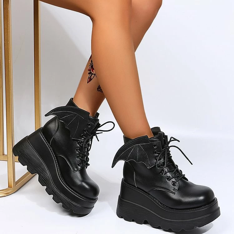 Dark Wings Lace Up Monoblock Wedges Boots - Image 4
