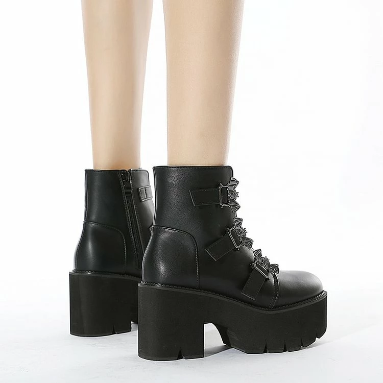 Platform Buckles Zipper Chunky Heels PU Ankle Booties - Image 4