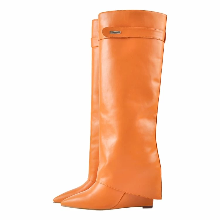 Pointed Toe High Heel Wedge Cover Up Fold Over Knee High Boots - Image 6