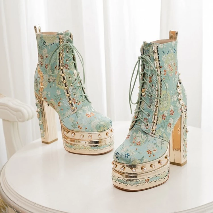 Wedding Fashion Hand-set Diamonds Rhinestone Light Blue Silk Lace Up Platform Chunky Heel Ankle Boots - Image 7