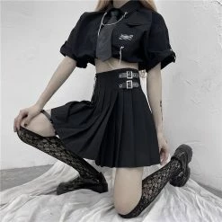 College Style Chain-trimmed Buckle Knots High Rise Asymmetrical Pleated Skirt
