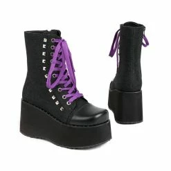 Rivets Lace Up Monoblock Wedge Boots