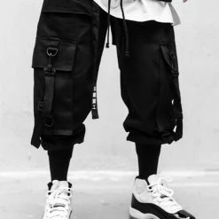 Gothic Dark Punk Style Industrial Pants Pockets Belt-trimmed Embroidered Pants With Streamers