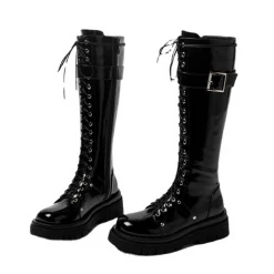 Punk Round Toe Platform Lace Up Belt Buckle Boots