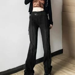 Gothic Dark Solid Color Washed Letter Ironed Ablazly Cutout Straight Slim Pants