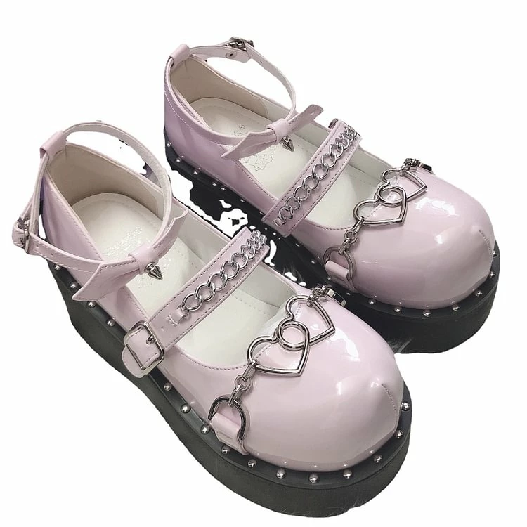 Chain-trimmed Buckle Straps Rivet Bowknot Platform Mary Jane Pumps - Image 4