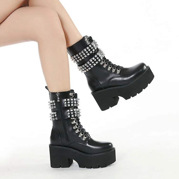 Motor Metal Rivets Straps Lace Up Round Toe Industrial Chunky Heel Platform Boots - Image 3
