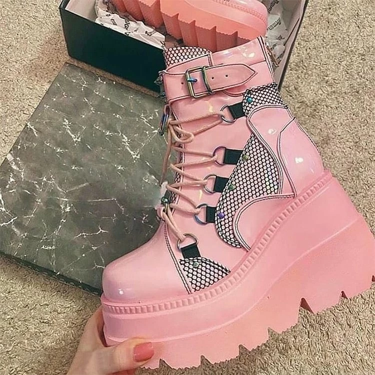 Women‘s Dark Monoblock Wedges Lace Up Platform Boots - Image 7