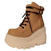 Platform Round Toe Buckle Wedge Lace Up Martin Boots