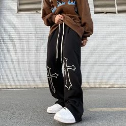 Cross Printed Drawstring Straight Loose Pants