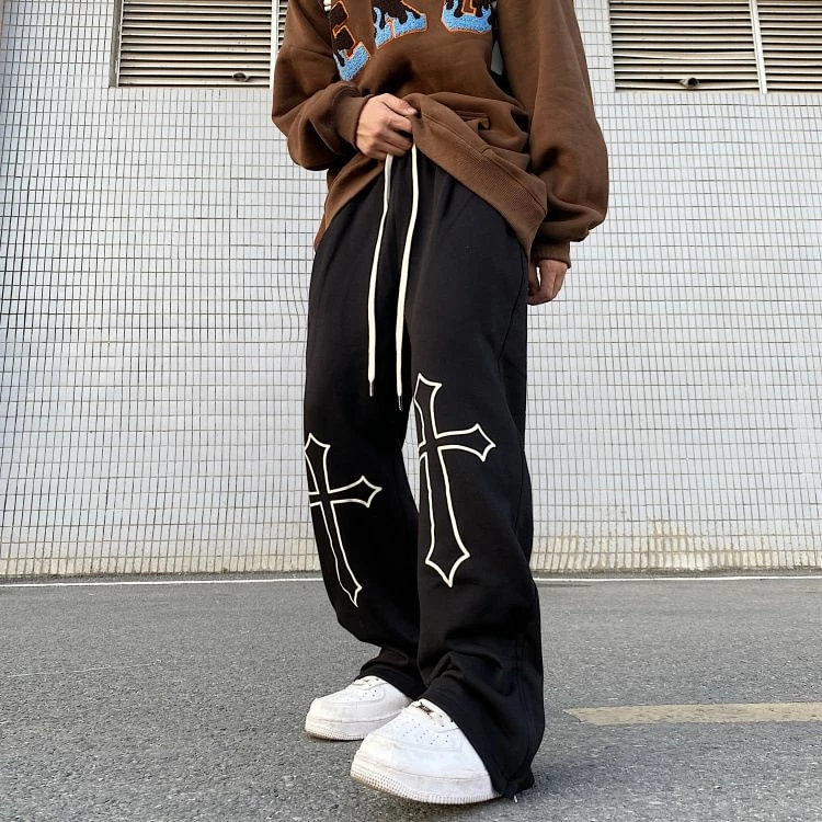 Cross Printed Drawstring Straight Loose Pants