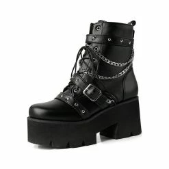 Metallic Square Toe Chain Straps Rivets Chunky Heel Boots