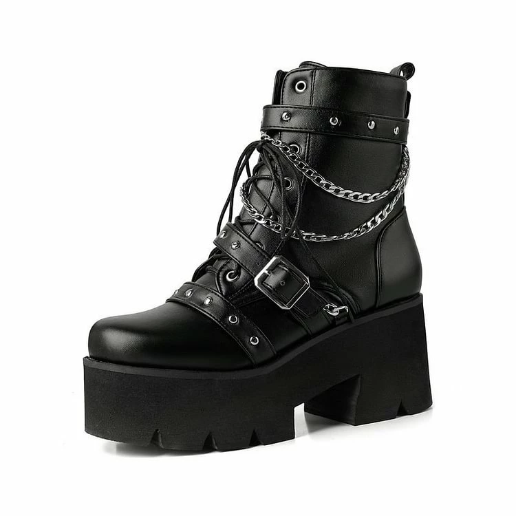 Metallic Square Toe Chain Straps Rivets Chunky Heel Boots