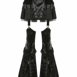 Gothic Black Paneled Hollow Stitching Skater PU Skirt Trousers