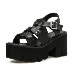 Black Platform Block Heel Sandals